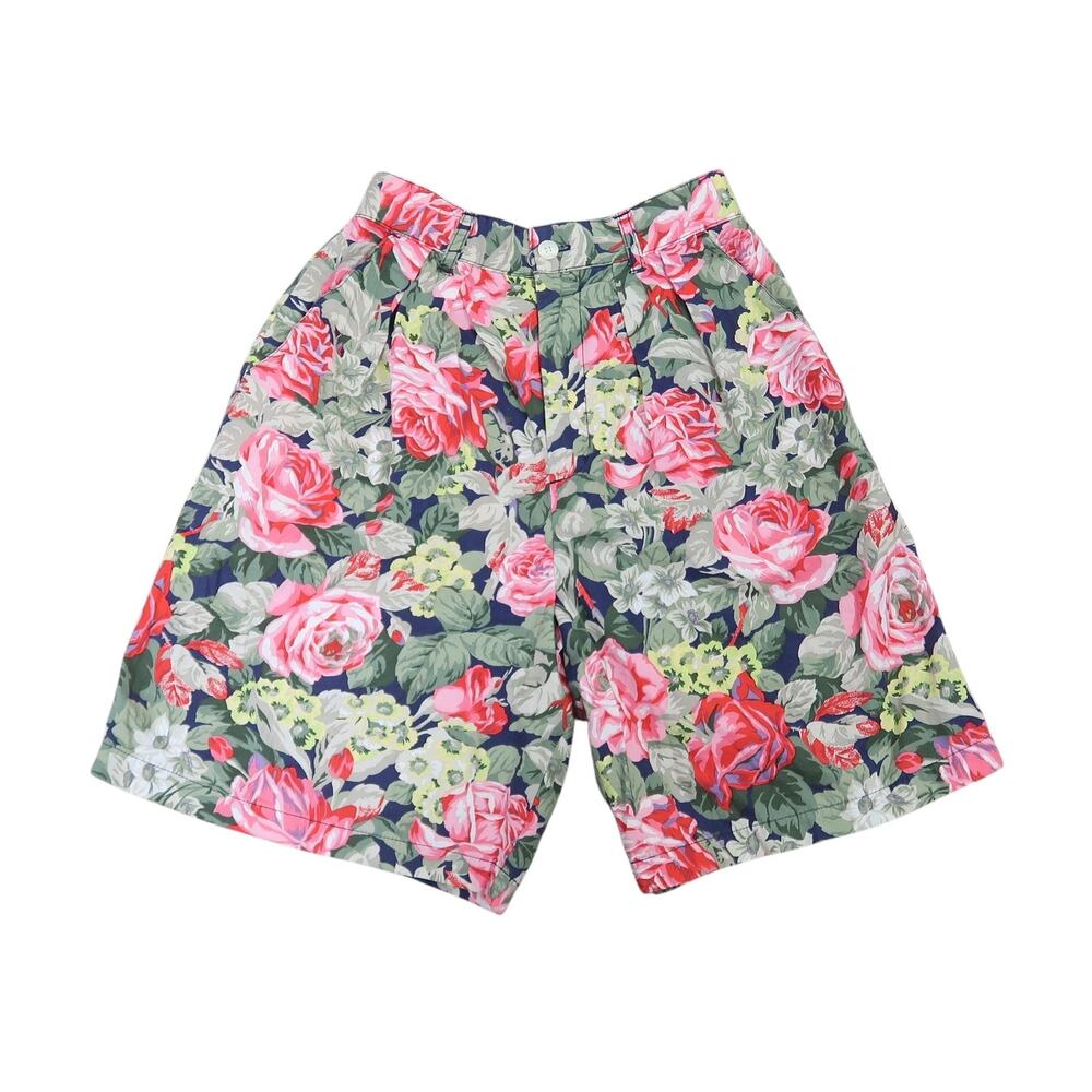 Vintage 90s GAP green and pink floral mid length cotton shorts 24"